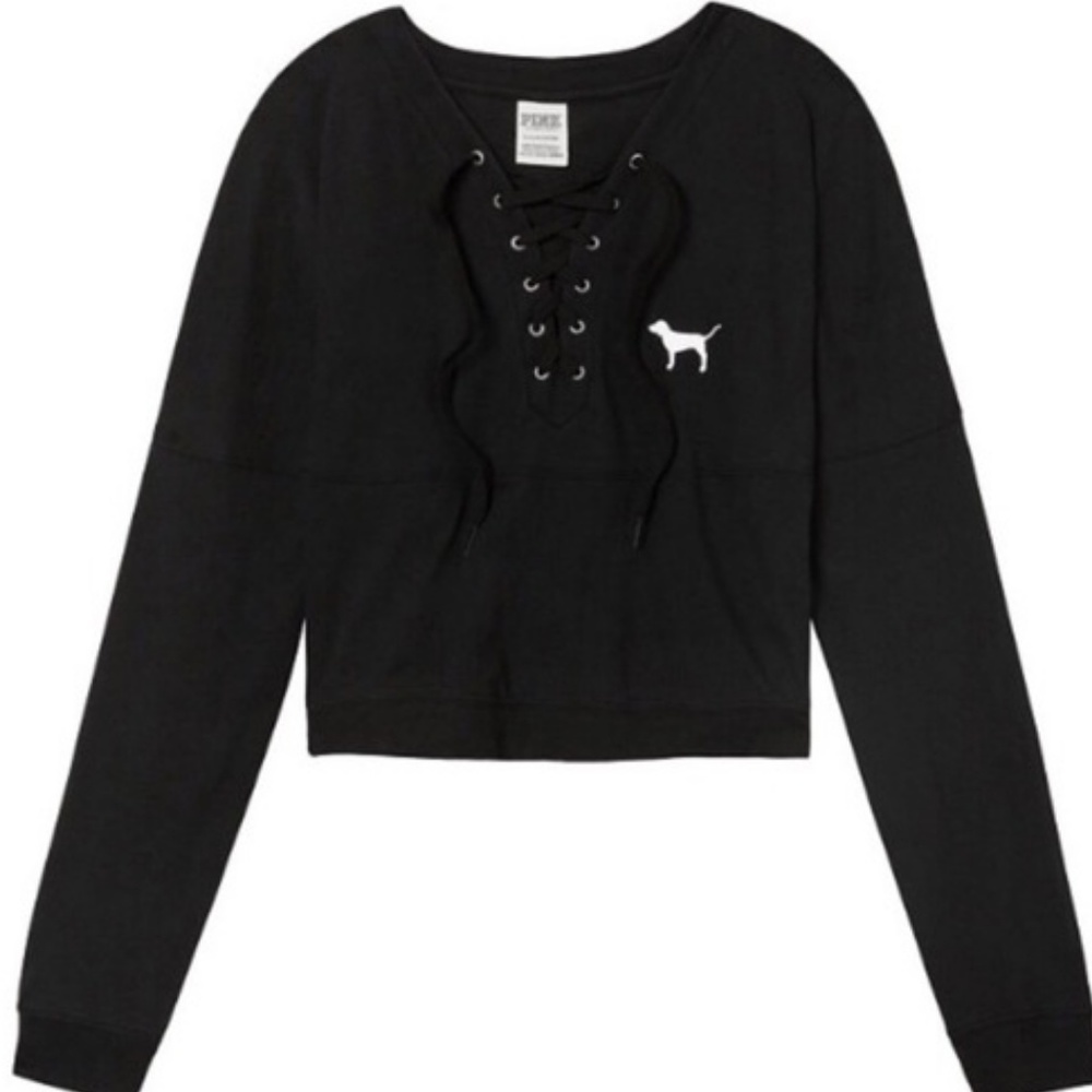 VS PINK Lace-Up Varsity Crop Crew Tee Black Large